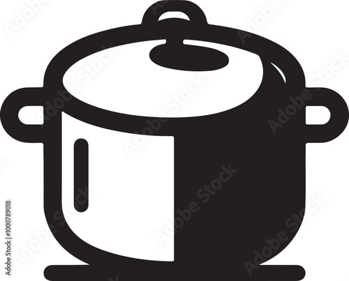 Minimalist cooking pot icon, black and white graphic, simple lines, stylized kitchenware symbol, geometric shapes, abstract cookware design, bold silhouette, clean vector illustration.