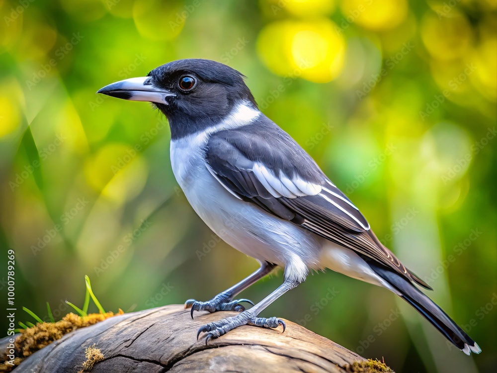 Obraz premium A striking butcher bird rests on a branch, displaying its brilliant plumage amidst a picturesque natural setting,