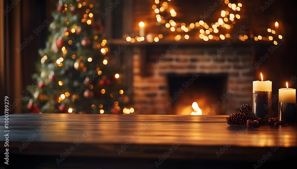 Table with christmas tree and fireplace with copy space Table with christmas tree and fireplace with copy space