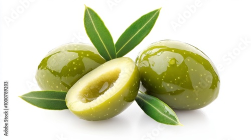 Wallpaper Mural Whole and sliced green olives with leaves Generative AI Torontodigital.ca