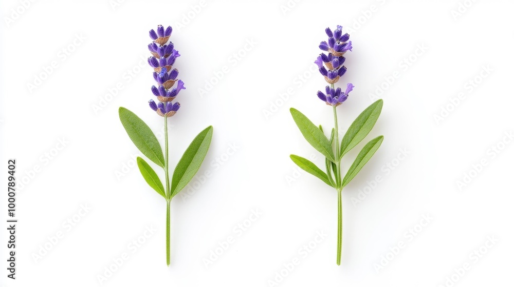 Fototapeta premium Lavender sprigs with leaves on white background Generative AI