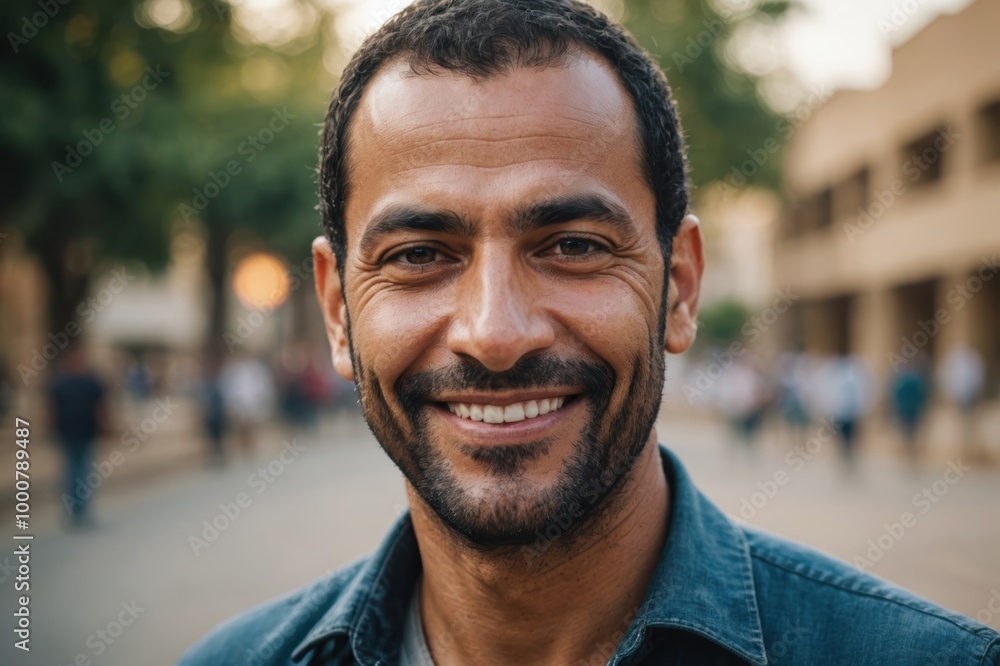 Close portrait of a smiling 40s Egyptian man looking at the camera, Egyptian outdoors blurred background Close portrait of a smiling 40s Egyptian man looking at the camera, Egyptian outdoors blurred background