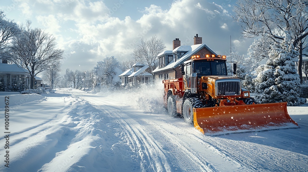 A large orange snow plow clears a snow-covered residential street. A large orange snow plow clears a snow-covered residential street.