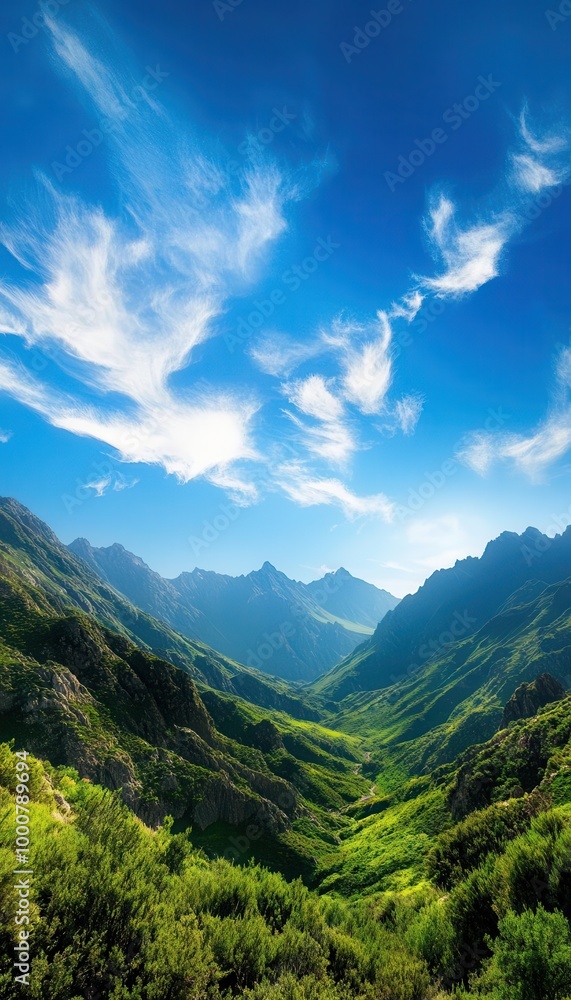 Naklejka premium Stunning panoramic view of a mountain range, with towering peaks and deep valleys framed by a bright blue sky High contrast, wideangle shot, capturing the grandeur of nature