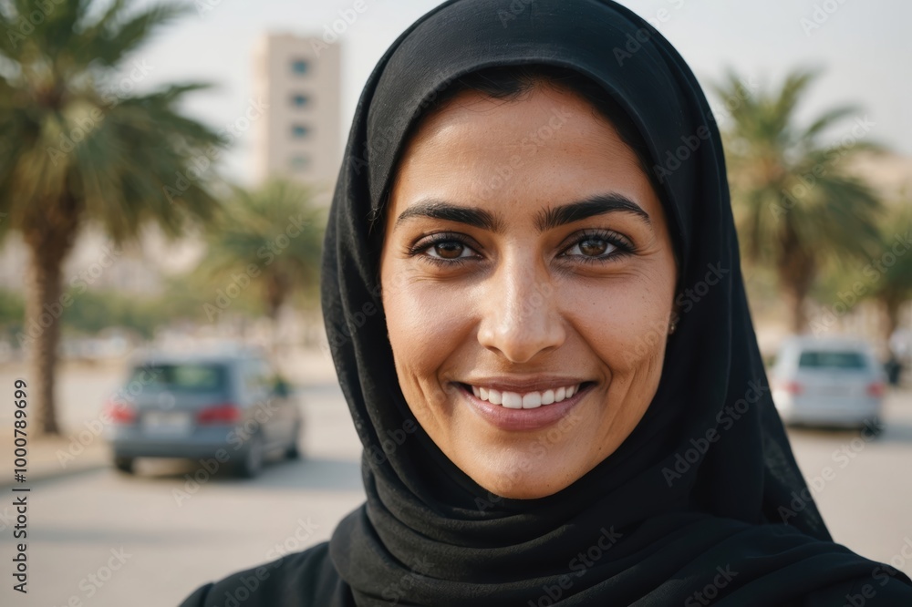 Close portrait of a smiling 40s Emirati woman looking at the camera, Emirati outdoors blurred background Close portrait of a smiling 40s Emirati woman looking at the camera, Emirati outdoors blurred background