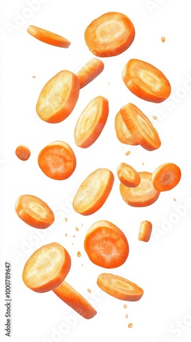 Sliced orange carrots floating on a white background Generative AI