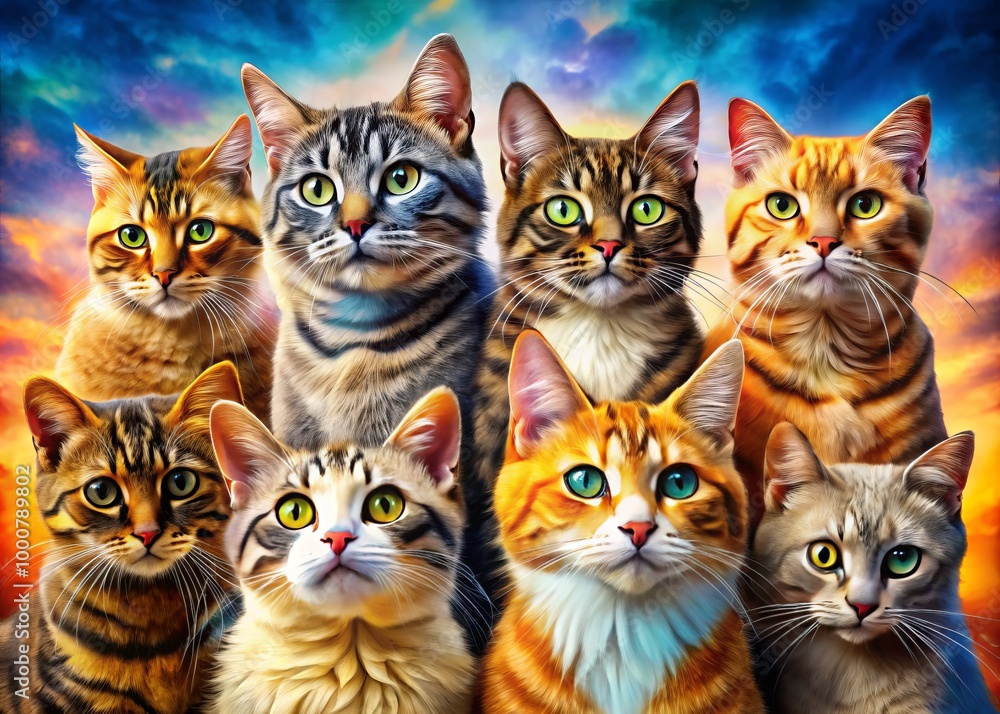 A stunning array of cats showcases a vibrant spectrum of fur patterns and colors, creating a mesmerizing image A stunning array of cats showcases a vibrant spectrum of fur patterns and colors, creating a mesmerizing image
