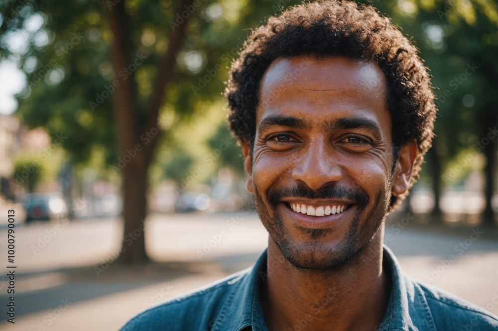 Close portrait of a smiling 40s Eritrean man looking at the camera, Eritrean outdoors blurred background Close portrait of a smiling 40s Eritrean man looking at the camera, Eritrean outdoors blurred background