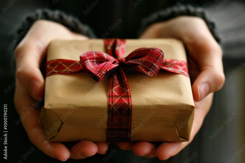 A person is holding a brown box with a red ribbon and stars on it A person is holding a brown box with a red ribbon and stars on it