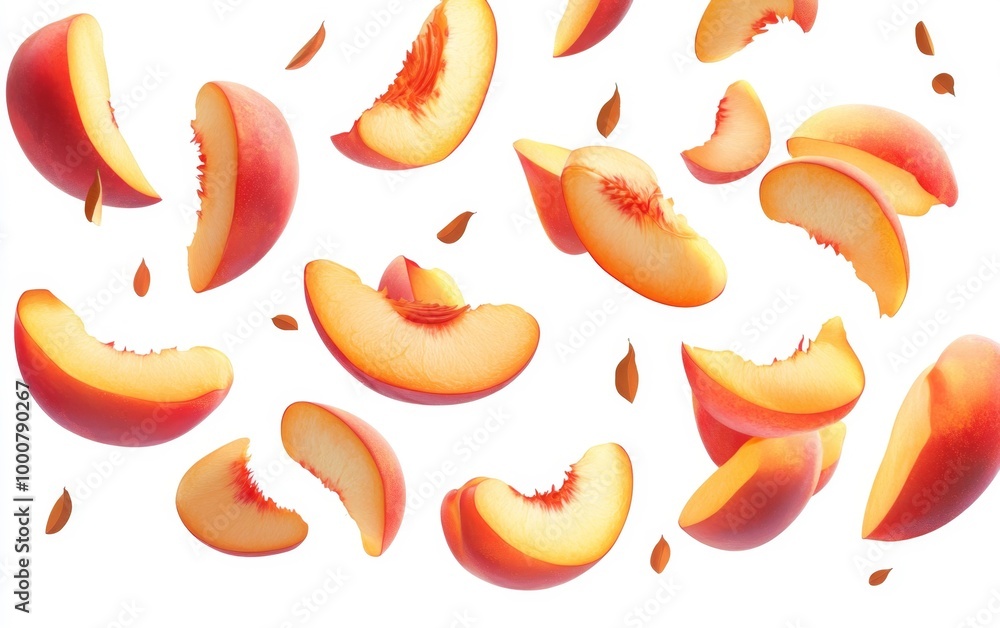 Sliced Peaches with Seeds Floating on White Background Generative AI Sliced Peaches with Seeds Floating on White Background Generative AI
