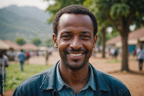 Close portrait of a smiling 40s Ethiopian man looking at the camera, Ethiopian outdoors blurred background