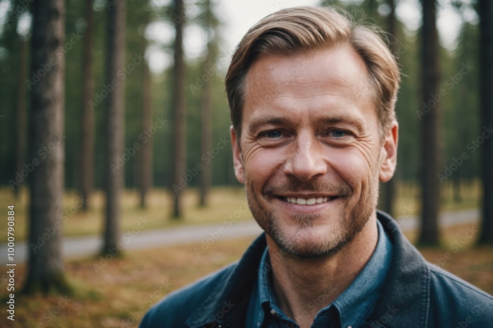Close portrait of a smiling 40s Finnish man looking at the camera, Finnish outdoors blurred background Close portrait of a smiling 40s Finnish man looking at the camera, Finnish outdoors blurred background