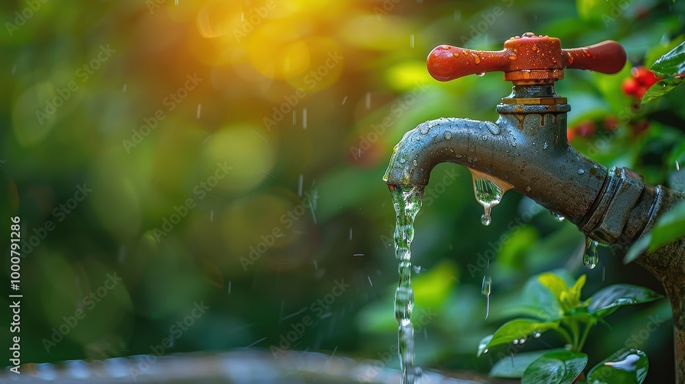 Garden faucet with red handle and water dripping