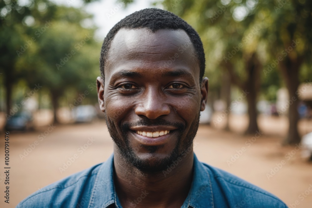 Close portrait of a smiling 40s Gambian man looking at the camera, Gambian outdoors blurred background Close portrait of a smiling 40s Gambian man looking at the camera, Gambian outdoors blurred background