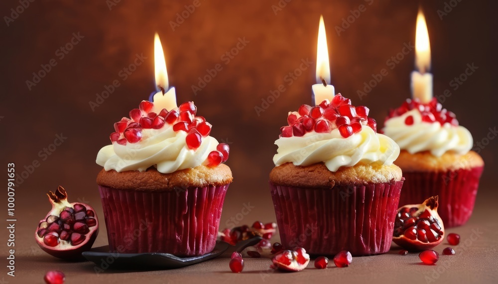 Celebrate with style Red velvet cupcakes adorned with pomegranate seeds and candles Celebrate with style Red velvet cupcakes adorned with pomegranate seeds and candles