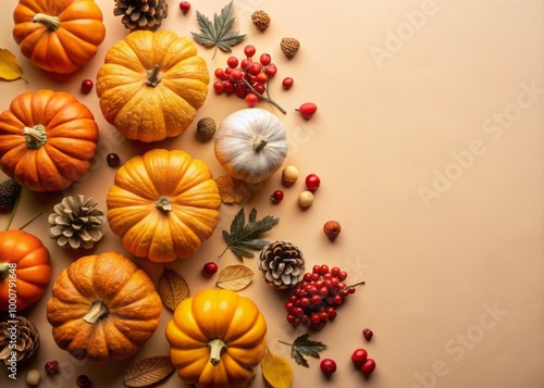 Autumn Minimalist Flat Lay of Pumpkins, Berries, Acorns, and Cones on Beige Table for Fall Decor