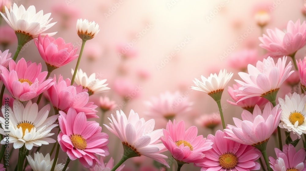 Floral Arrangement of Tulips and Daisies, in Shades of Pink and White with a Soft Pastel Tone Floral Arrangement of Tulips and Daisies, in Shades of Pink and White with a Soft Pastel Tone