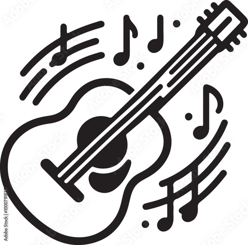 acoustic guitar, musical notes, black and white icon, simple line drawing, minimalist design, musical instrument illustration, vector graphic, music symbol, guitar outline, melodic representation.