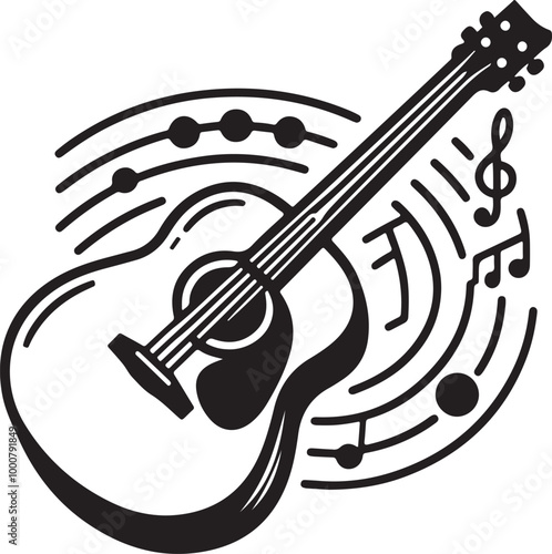acoustic guitar, musical notes, black and white icon, simple line drawing, minimalist design, musical instrument illustration, vector graphic, music symbol, guitar outline, melodic representation.