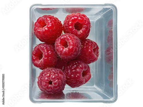 Obraz na płótnie Closeup of organic raspberries in plastic packaging box, super foods, healthy fruit isolated on transparent background w salonie