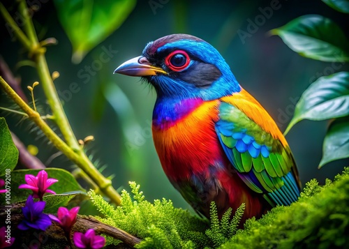 A vibrant bird perches amidst lush greenery, its vivid feathers contrasting beautifully with the surrounding foliage,