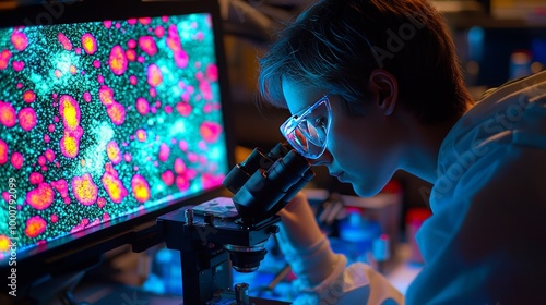 Fluorescently Stained Cells Under Microscope View photo