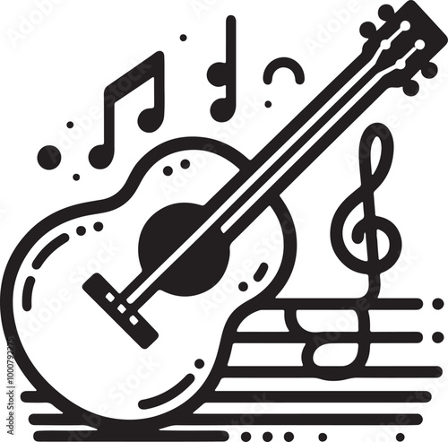 acoustic guitar, musical notes, black and white icon, simple line drawing, minimalist design, musical instrument illustration, vector graphic, music symbol, guitar outline, melodic representation.