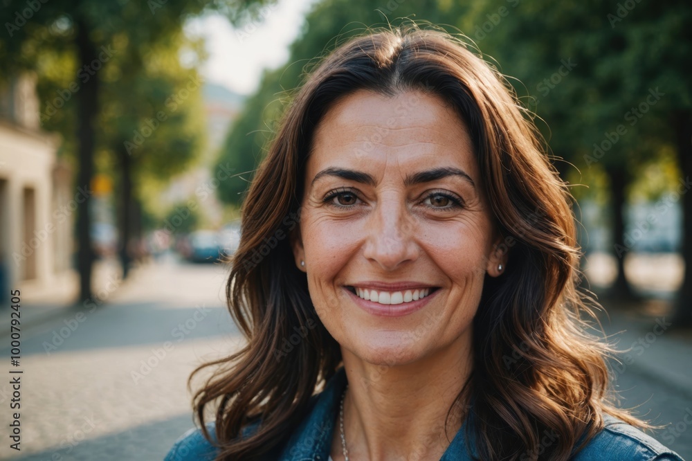 Close portrait of a smiling 40s Greek woman looking at the camera, Greek outdoors blurred background Close portrait of a smiling 40s Greek woman looking at the camera, Greek outdoors blurred background