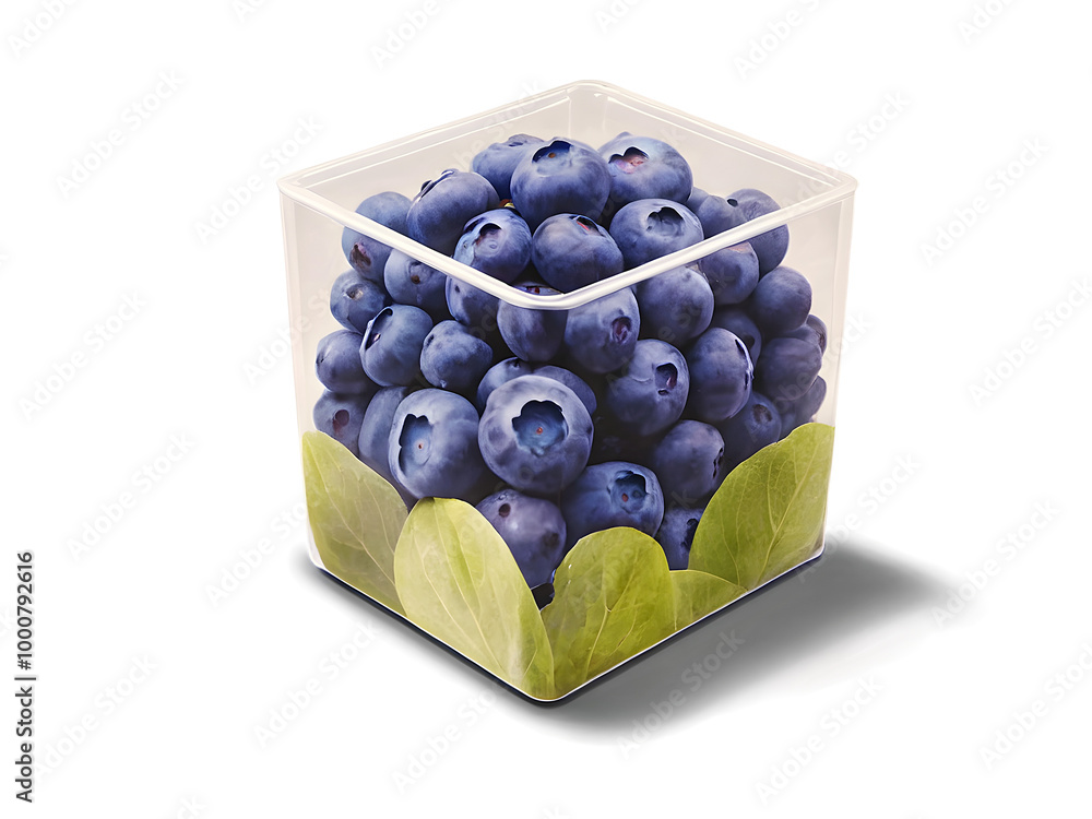 Closeup of organic blueberries in plastic packaging box, super foods, healthy fruit isolated on transparent background