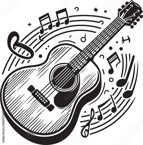acoustic guitar, musical notes, black and white icon, simple line drawing, minimalist design, musical instrument illustration, vector graphic, music symbol, guitar outline, melodic representation.