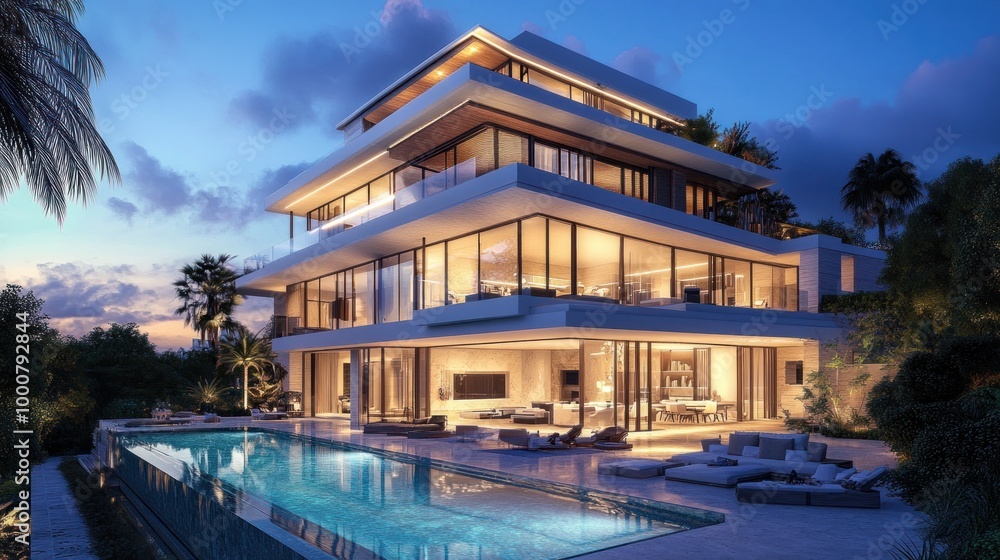 Fototapeta premium Modern luxury villa with a pool at sunset, showcasing contemporary architecture.