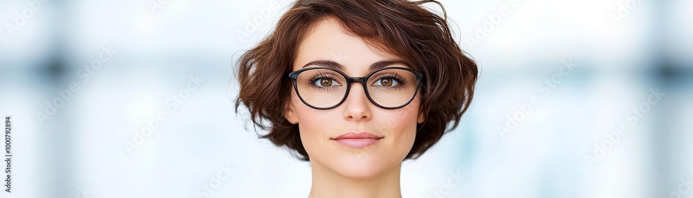 Confident woman with glasses, smiling, bright background, professional setting Confident woman with glasses, smiling, bright background, professional setting
