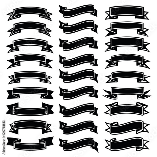 A vector illustration set of blank, curled black and white ribbons and banners
