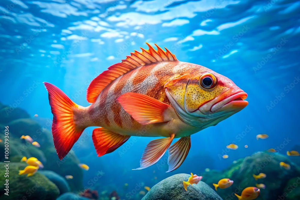 Fototapeta premium A vibrant Pacific ocean perch glides gracefully through the clear blue waters, showcasing its beauty in the serene
