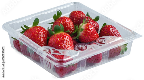 Closeup of organic strawberries in plastic packaging box, super foods, healthy fruit isolated on transparent background