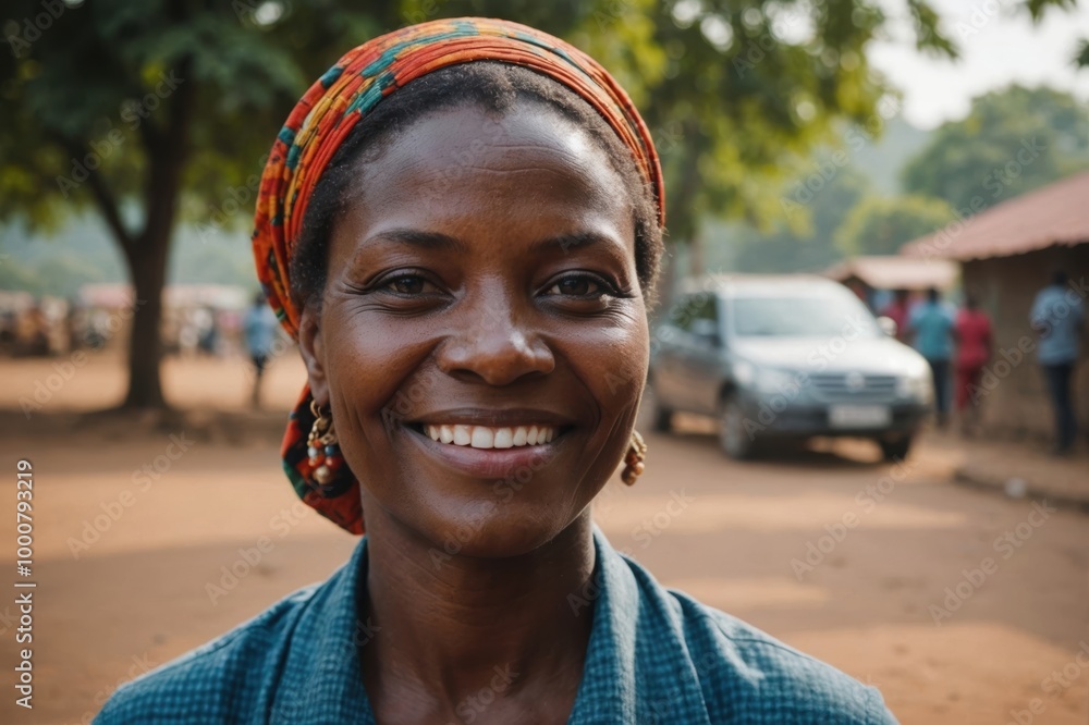 Close portrait of a smiling 40s Guinea-Bissauan woman looking at the camera, Guinea-Bissauan outdoors blurred background Close portrait of a smiling 40s Guinea-Bissauan woman looking at the camera, Guinea-Bissauan outdoors blurred background