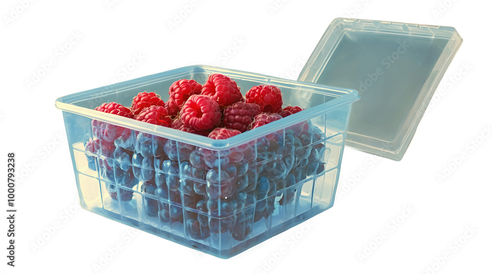 Closeup of organic raspberries in plastic packaging box, super foods, healthy fruit isolated on transparent background