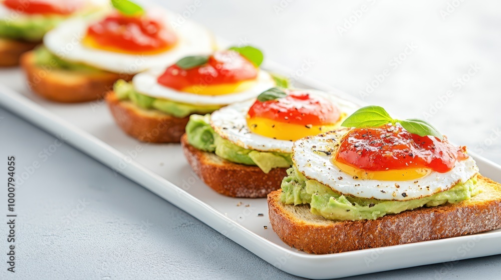 Avocado toast with fried eggs, sprinkled with fresh herbs, arranged on a white platter. Healthy breakfast or brunch concept. Avocado toast with fried eggs, sprinkled with fresh herbs, arranged on a white platter. Healthy breakfast or brunch concept.