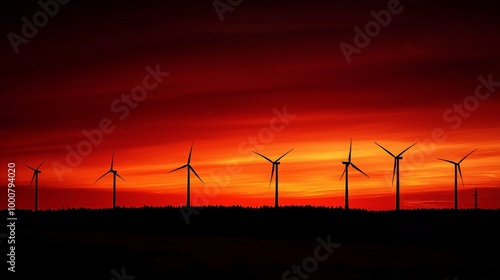 Silhouetted Wind Turbines Against Fiery Red Sky photo