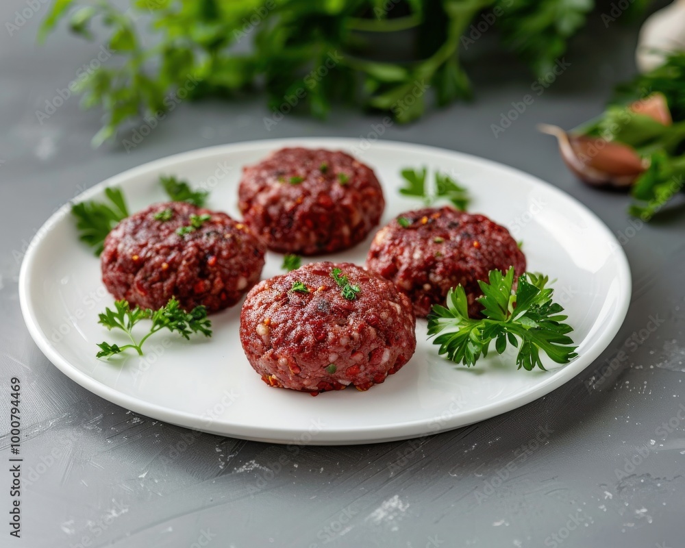 A plate of freshly prepared meat patties garnished with herbs, showcasing a delicious and appealing dish, landscape A plate of freshly prepared meat patties garnished with herbs, showcasing a delicious and appealing dish, landscape