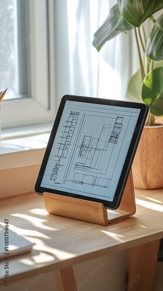 Fototapeta premium A tablet on a wooden stand with a website wireframe displayed on the screen, resting on a desk next to a window.