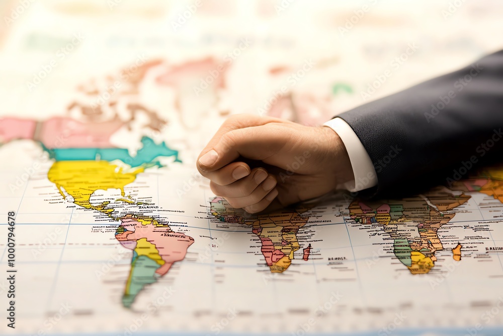 Clenched fist on a world map, symbolizing determination. Clenched fist on a world map, symbolizing determination.