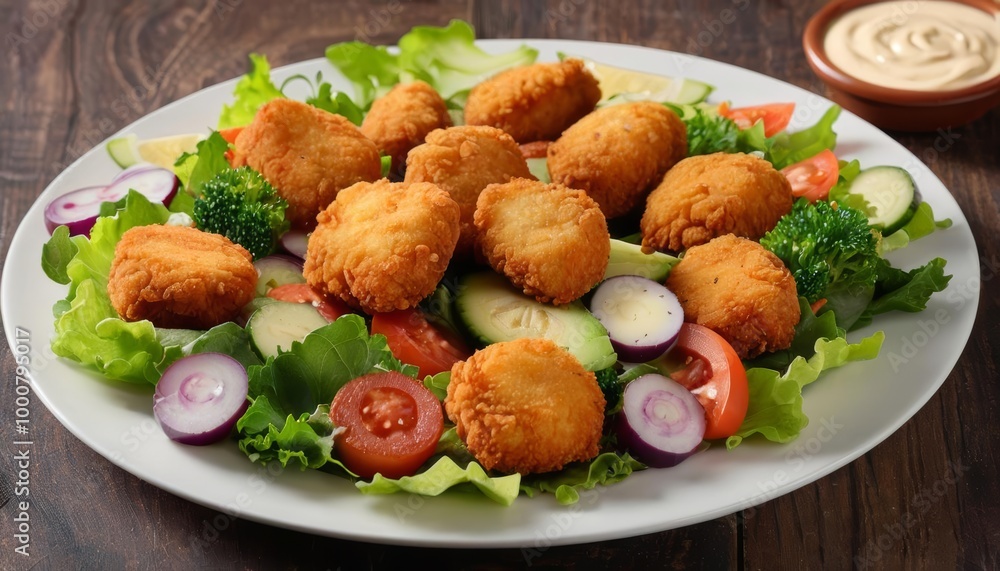Deliciously fresh salad with crispy chicken bites Deliciously fresh salad with crispy chicken bites
