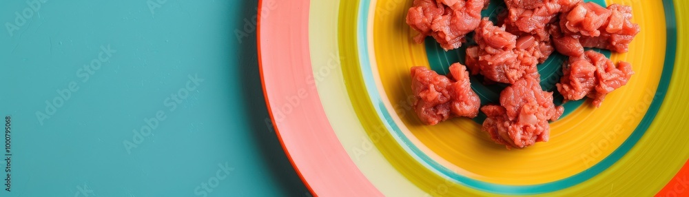 A vibrant plate features textured, pink food on a colorful background, highlighting modern culinary presentation, landscape with blank space for text A vibrant plate features textured, pink food on a colorful background, highlighting modern culinary presentation, landscape with blank space for text