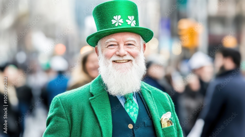 Elderly man in a green hat and suit smiling under sunlight during a festive outdoor celebration. St. Patrick's Day joy and tradition concept. Elderly man in a green hat and suit smiling under sunlight during a festive outdoor celebration. St. Patrick's Day joy and tradition concept.