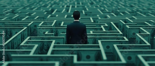 Businessman navigating a maze of money in a confusing financial landscape.