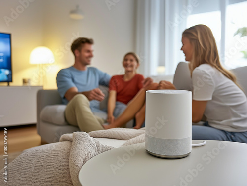 Family Relaxing with Smart Speaker in Modern Living Room