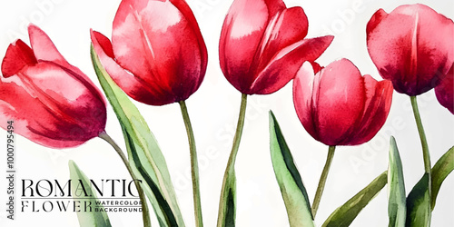 Watercolor Painting of Red Tulips with Green Stems