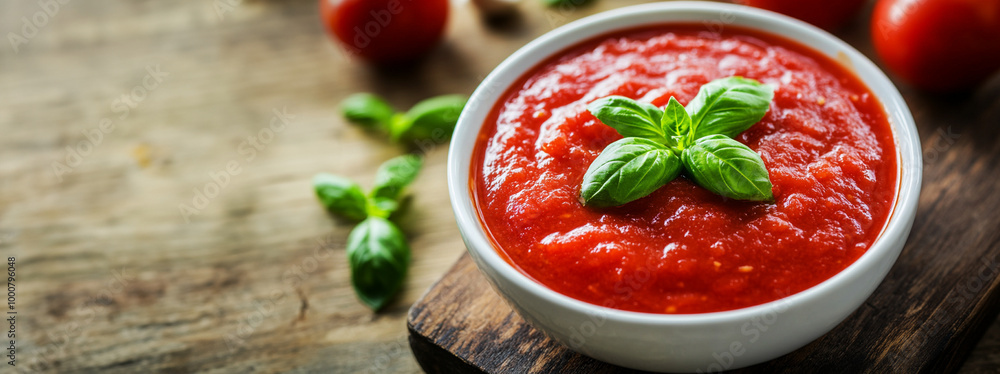 White bowl with tomato sauce on a rustic wooden table White bowl with tomato sauce on a rustic wooden table