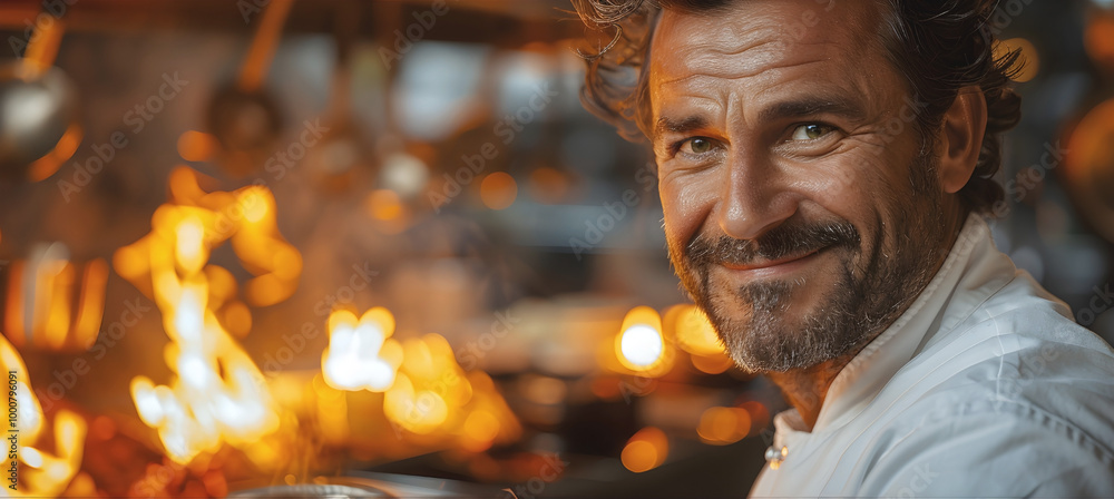 Smiling chef in a busy kitchen with flames in the background Smiling chef in a busy kitchen with flames in the background